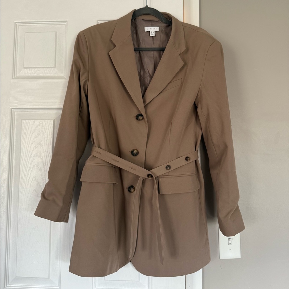 Topshop Taupe Brown Long Blazer Coat Tie Wrap Button Autumn Fall Business